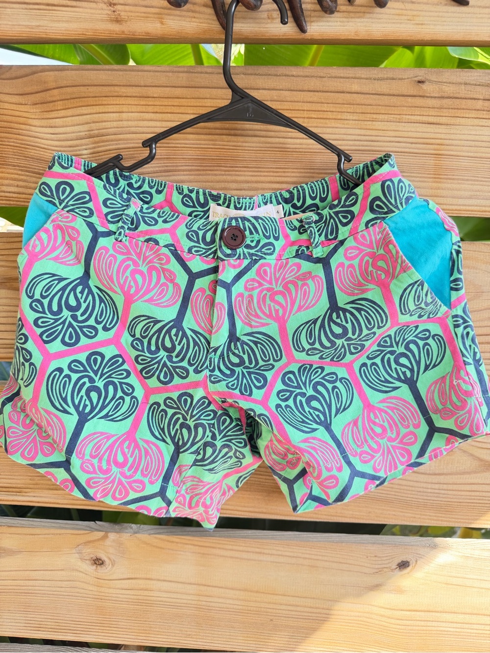 Tracy Negoshian Pink and Teal Tree-Print Jean Shorts